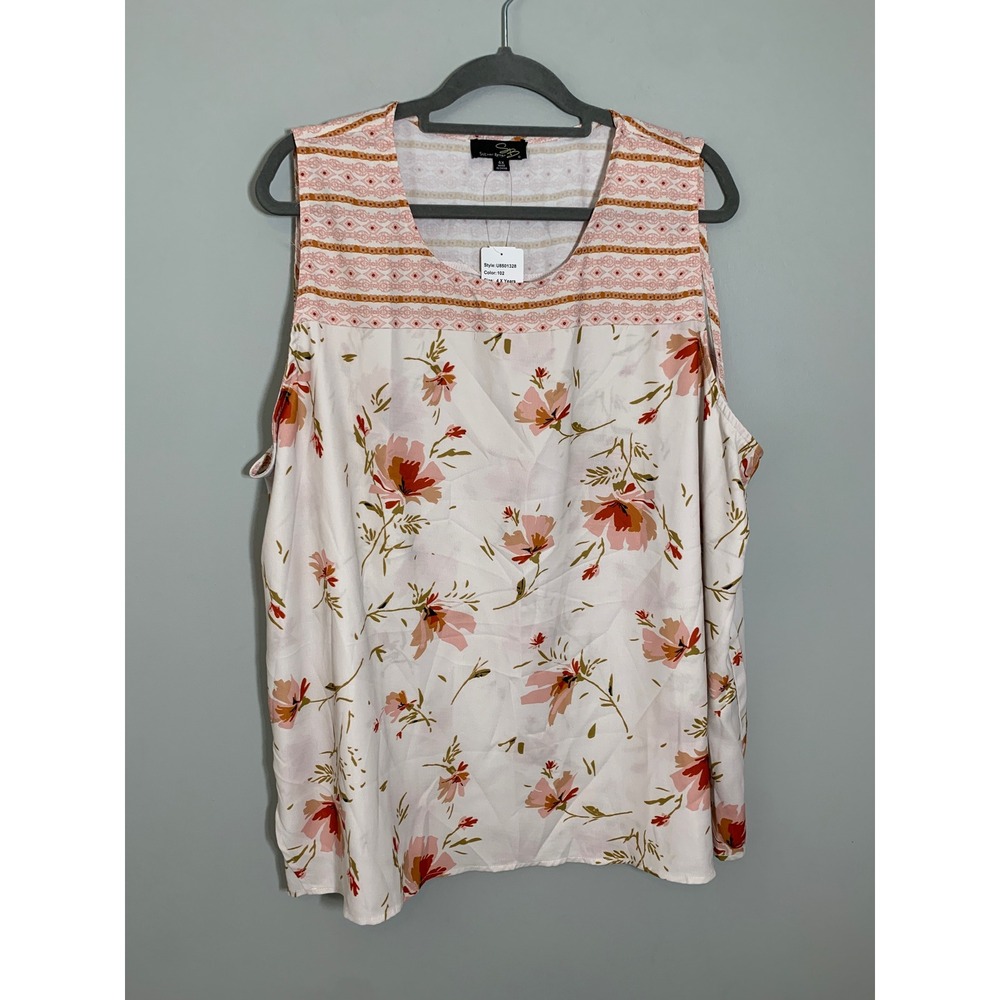 NEW Suzanne Betro Tank Top Women 4X White Floral Geometric Sleeveless Scoop Neck